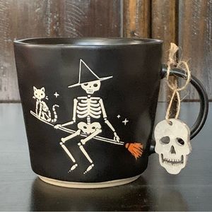 Skeleton Witch and Cat on Broom Ceramic Halloween Mug
